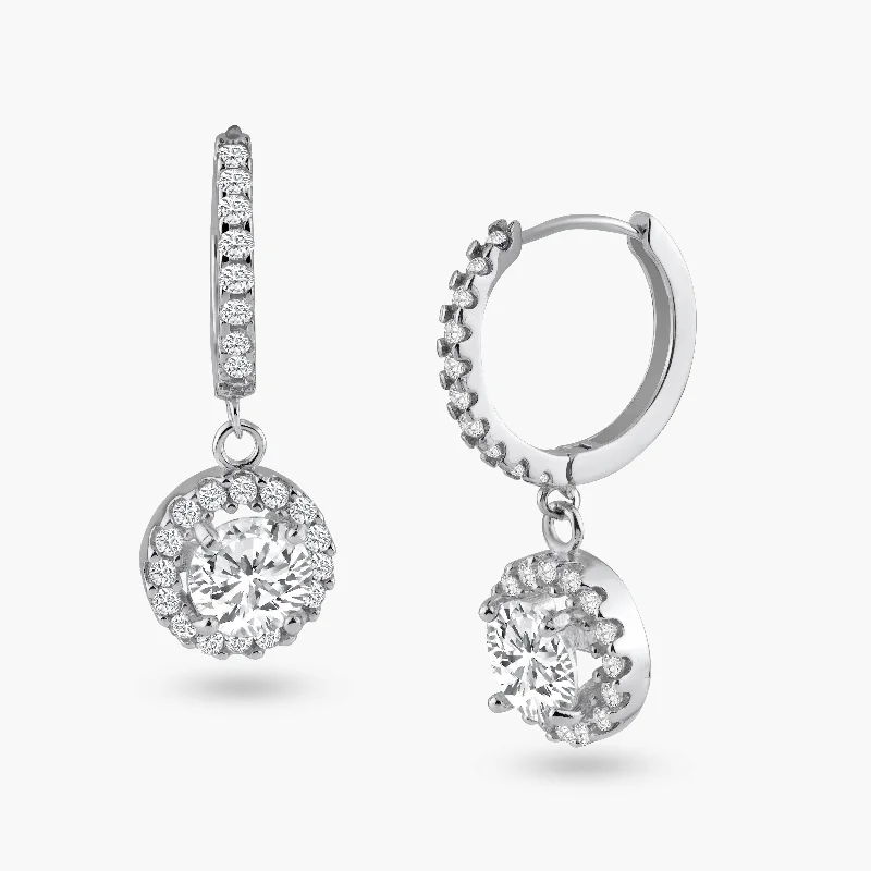 ladies earrings shell cluster-Silver 925 Rhodium Plated Round CZ Dangling Hoop Earrings - BGE00117