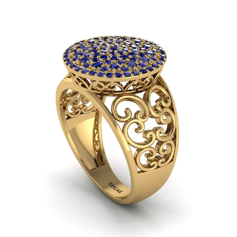 ladies engagement ring flower blue sapphire-Sapphire Signet Filigree Pave Engagement Ring - Rylie No. 13