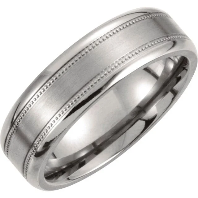 ladies ring sleek princess cut-Titanium 7 mm Satin Finish Center & Polished Milgrain Band