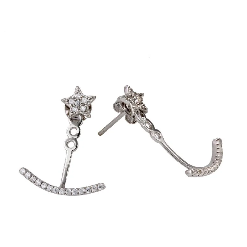 ladies earrings boho moonstone-Rhodium Plated 925 Sterling Silver Star with Half CZ Crescent Earrings - BGE00548