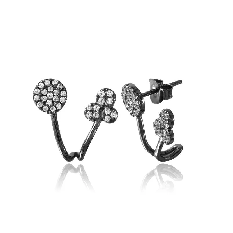 ladies earrings zodiac garnet-Black Rhodium Plated 925 Sterling Silver Circle and Three Leaf Clover Folded Earrings - BGE00546