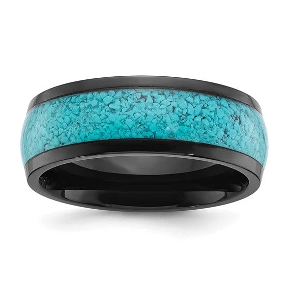 ladies ring affordable multi-stone-Black Titanium Turquoise Inlay 8mm Band