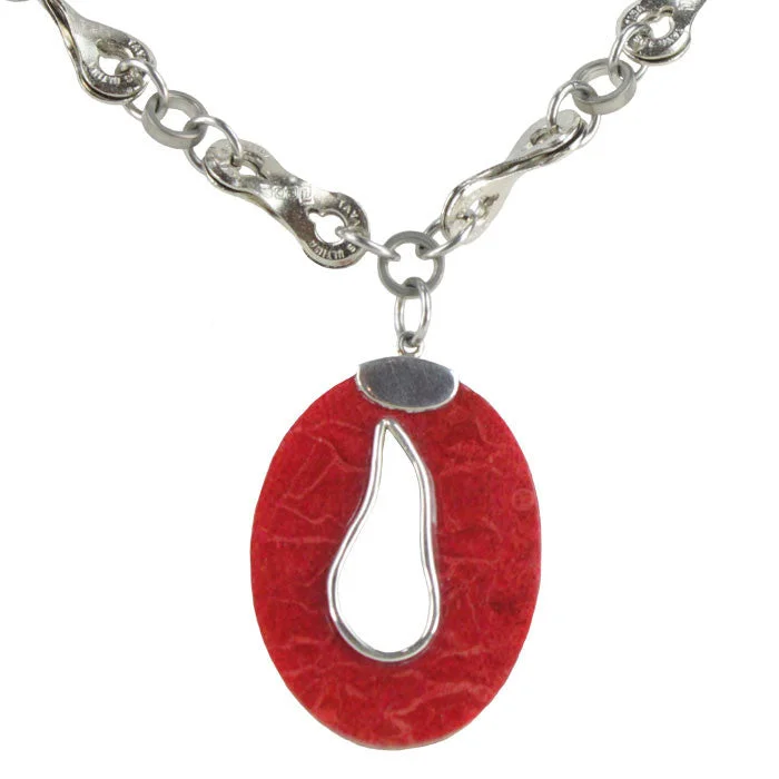 Ladies necklaces mixed metal finishes-Coral & Sterling Red Tear Drop Necklace