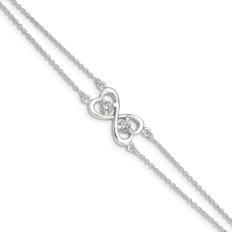 Ladies bracelets African motif styles-Sterling Silver Polished CZ Heart Two-strand Bracelet