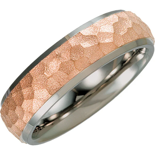 ladies ring shell one of a kind-Titanium & 14k Rose Gold Immerse Plated 7mm Hammered Finish Beveled Edge Band