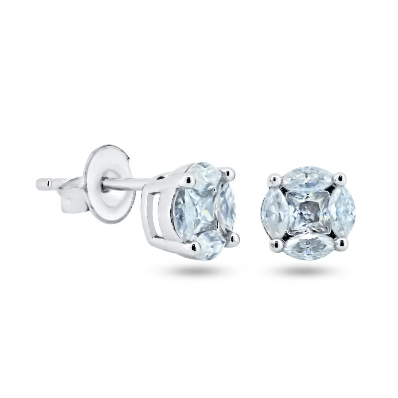 ladies earrings vintage aquamarine-Sterling Rhodium Plated 925 Sterling Silver Moissanite Stone Round Earring - MGME00006