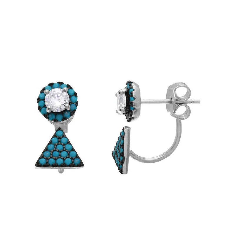 ladies earrings intricate silver-Rhodium Plated 925 Sterling Silver Turquoise Stones Round Earrings with Hanging Triangle Accent - BGE00494