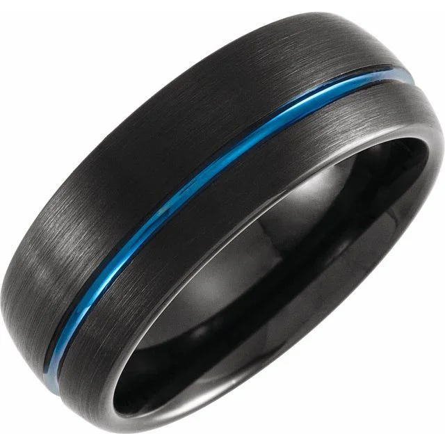 ladies ring romantic blue sapphire-Black & Blue PVD Tungsten 8 mm Grooved Band