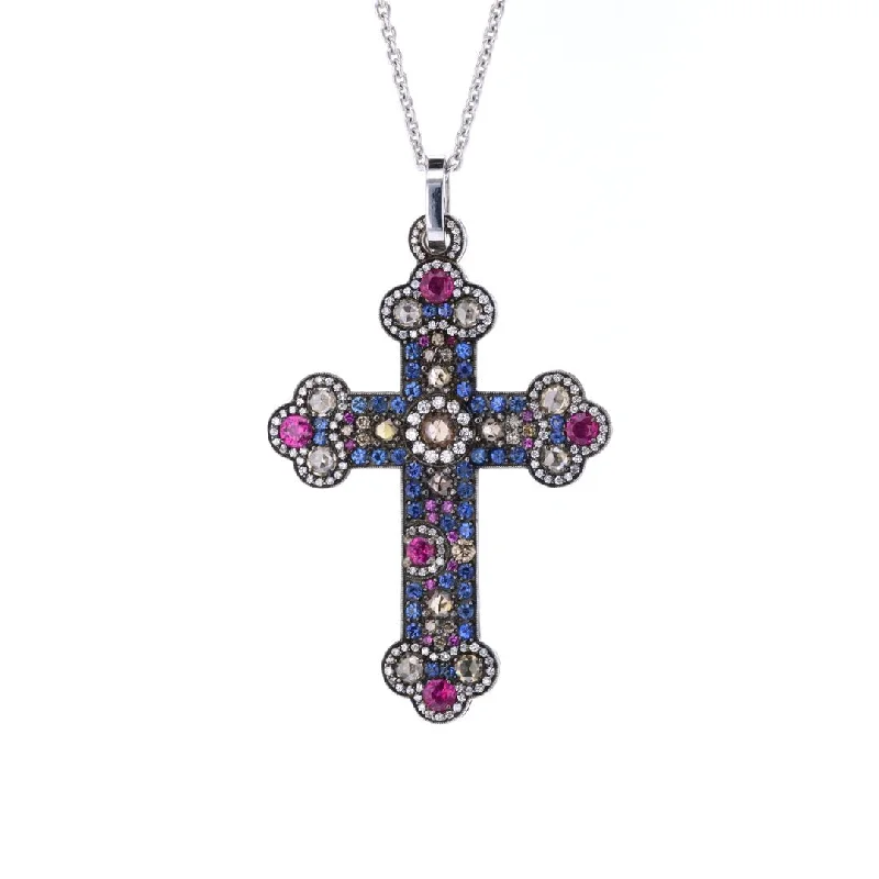 Ladies necklaces step cut designs-Sapphire & Diamond Cross Pendant Necklace