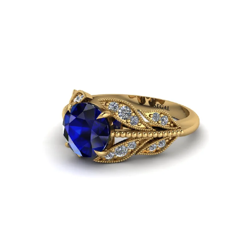 ladies engagement ring braided side stones-Sapphire Majestic Leaf Gold Engagement Ring - Makenna No. 13