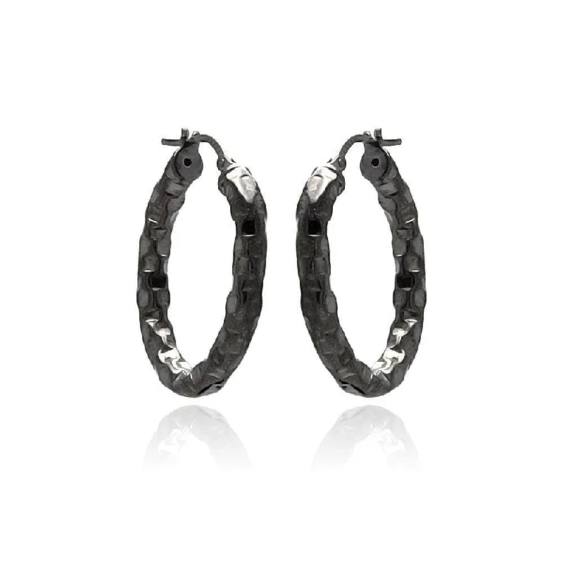 ladies earrings glossy solitaire-Clearance-Silver 925 Black Rhodium Plated Oval Hoop Earrings - ITE00024BLK