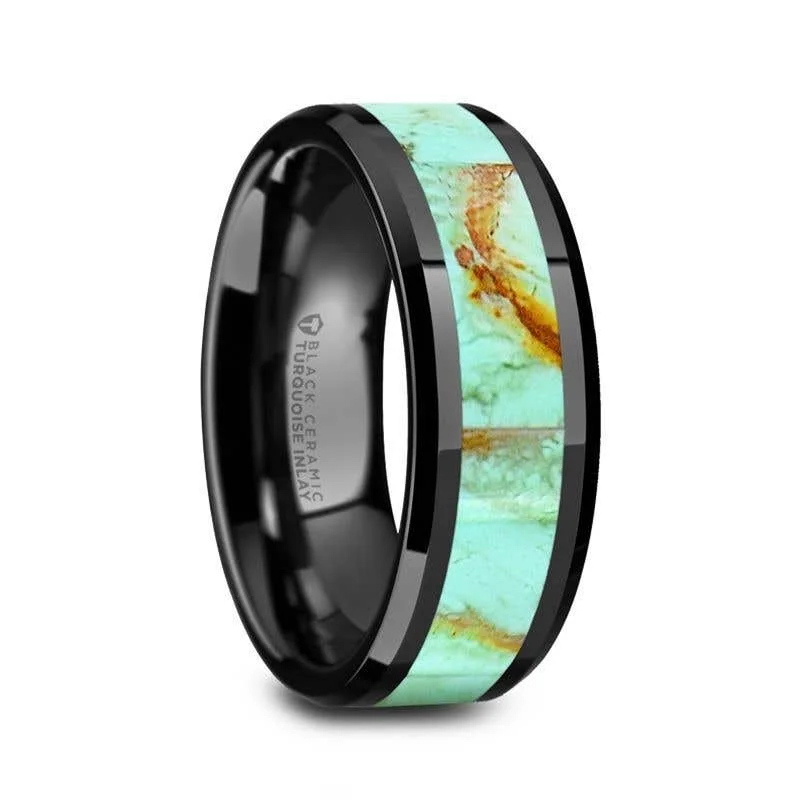 ladies ring luxury cushion cut-Thorsten PIETRO Polished Black Ceramic Wedding Band with Light Blue Turquoise Stone Inlay & Polished Beveled Edges - 8mm