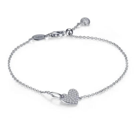 Ladies bracelets rainbow gem designs-Sterling Silver Simulated Diamond Pave Heart Charm Bracelet by Lafonn