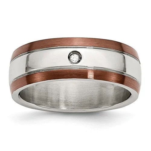 ladies ring winter christmas-Stainless Steel Brown IP-Plated Brushed Finish Diamond 8mm Polished Band