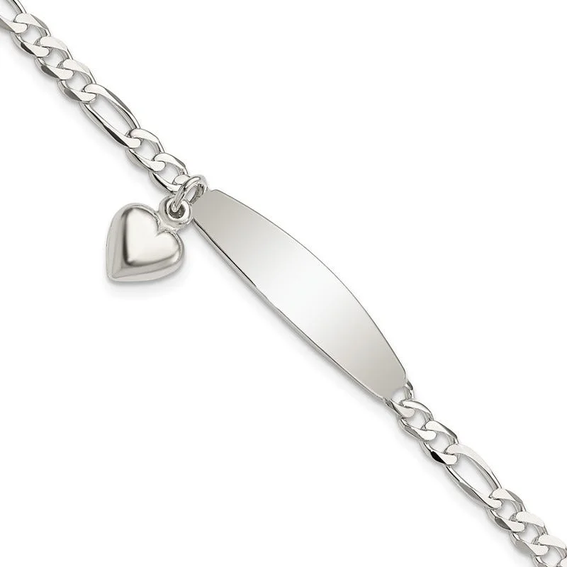 Ladies bracelets stackable bracelet sets-Sterling Silver Polished Figaro ID Heart Dangle 8.5in Bracelet