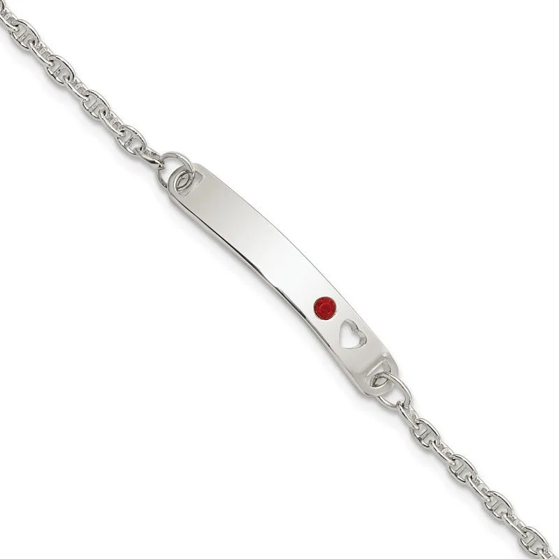 Ladies bracelets commitment charm styles-Sterling Silver Polished Childrens ID with Red CZ Heart Bracelet