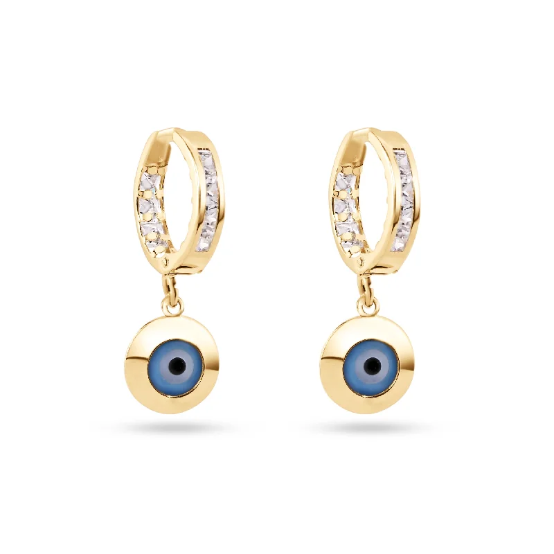 ladies earrings romantic gold-14E00418. - 14 Karat Yellow Gold Dangling Evil Eye Clear CZ 11.5mm Hoop Earrings