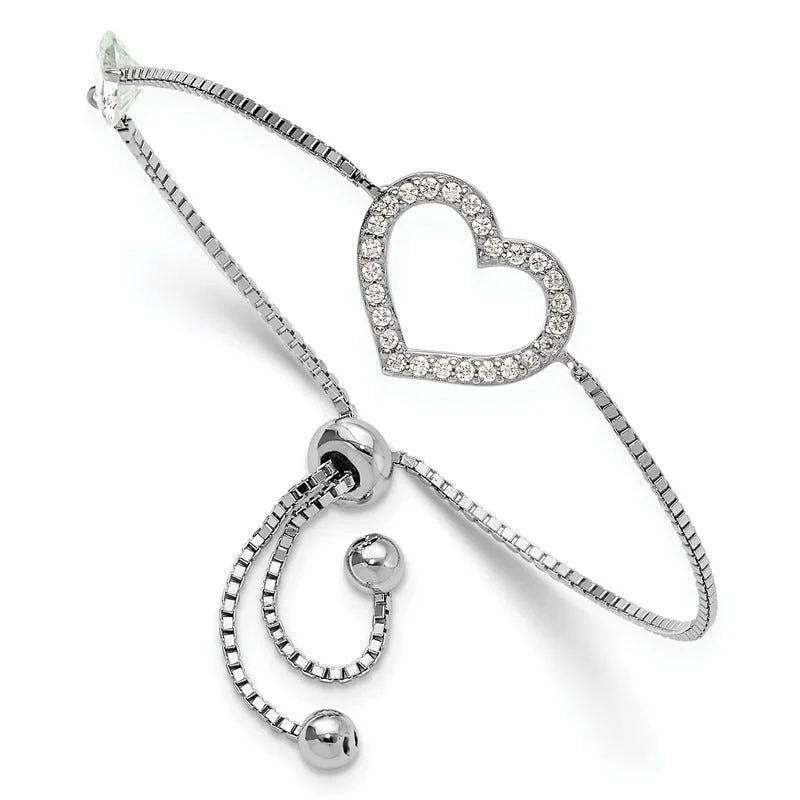 Ladies bracelets travel-friendly designs-Sterling Silver Rhodium-plated Polished CZ Open Heart Adjustable Bracelet