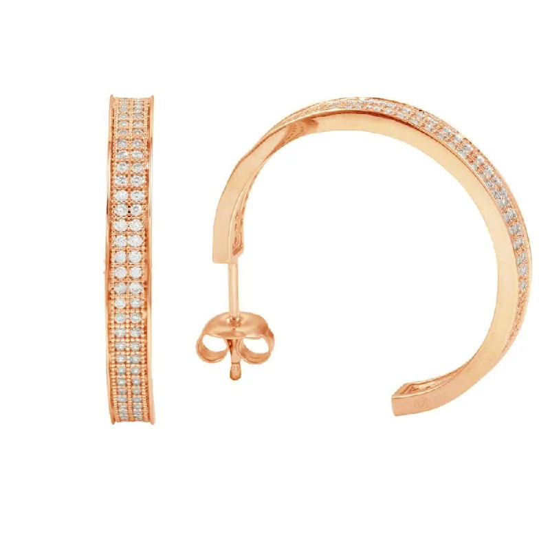 ladies earrings slim long-Silver 925 Rose Gold Plated Channel Clear CZ Hoop Earring - GME00003RGP