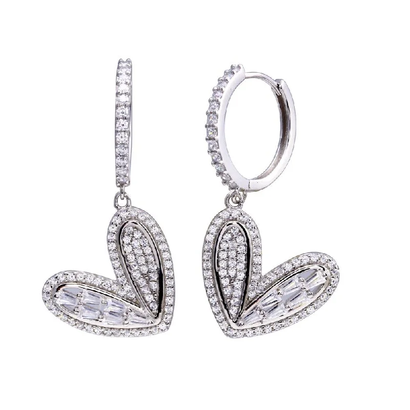 ladies earrings ornate bar-Rhodium Plated 925 Sterling Silver CZ Hoop Dangling Wide Heart Earring - STE01320