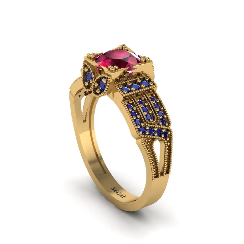 ladies engagement ring tropical multi-stone-Ruby Milgrain Gold Engagement Ring - Lyric No. 70