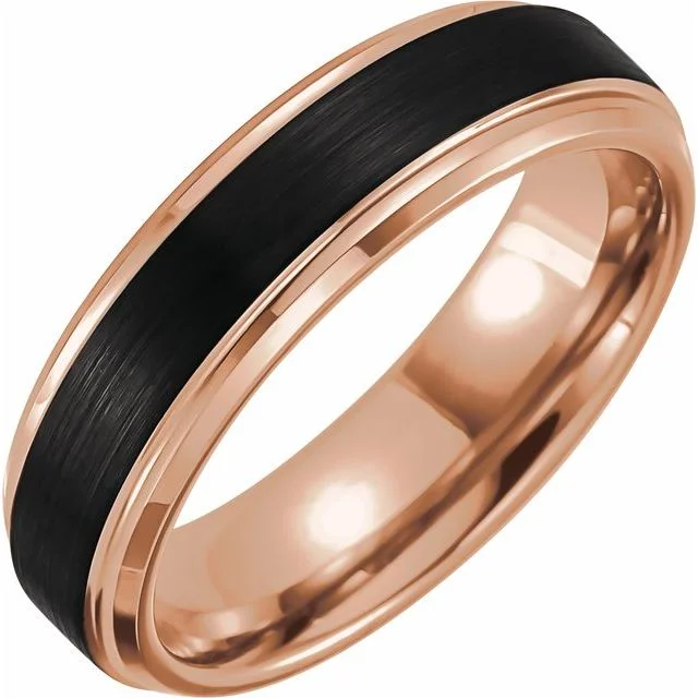 ladies ring gothic rose quartz-18K Rose Gold PVD & Black PVD Tungsten 6 mm Band with Satin Finish - Size 11.5