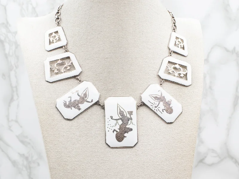 Ladies necklaces generational gift picks-Thai Goddess White Niello-Silver Panel Necklace