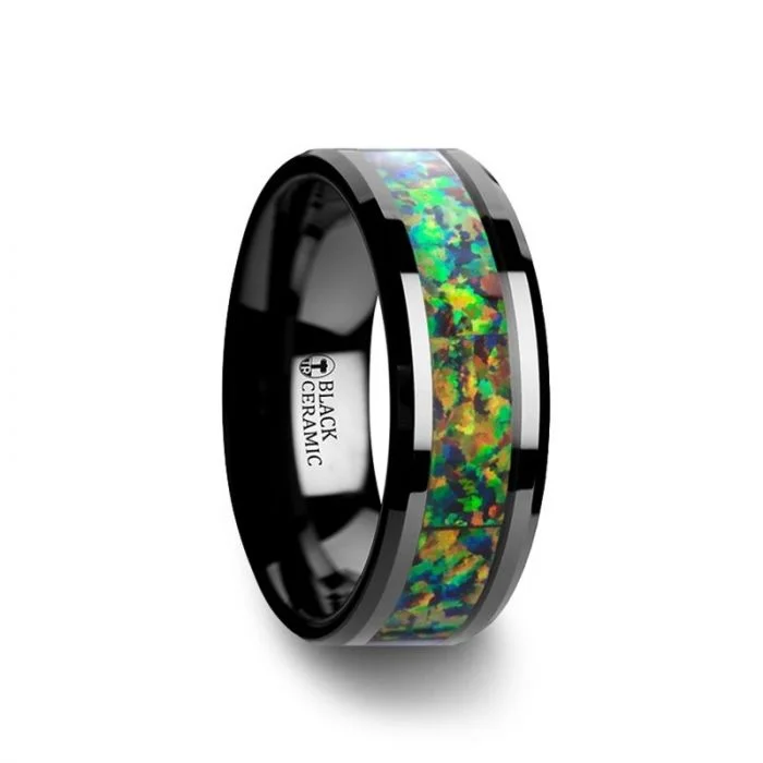 ladies ring intricate marquise cut-Thorsten GALACTIC Black Ceramic Wedding Band with Beveled Edges and Blue & Orange Opal Inlay - 8mm