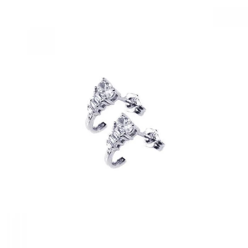 ladies earrings tropical solitaire-Silver 925 Rhodium Plated Micro Pave Clear J Hook CZ Post Stud Earrings - ACE00026