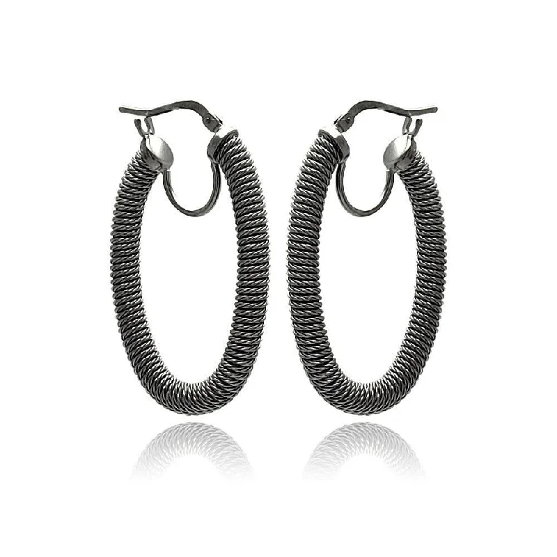 ladies earrings valentine’s black diamond-Clearance-Silver 925 Black Rhodium Plated Hoop Earrings - ITE00044BLK