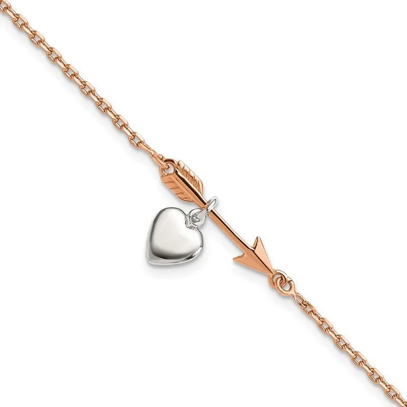 Ladies bracelets classic revival designs-Sterling Silver Rose-tone Arrow w/Heart 7.5in Bracelet