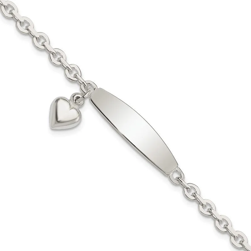 Ladies bracelets matte finish options-Sterling Silver Polished Rolo Link ID Heart Dangle Bracelet