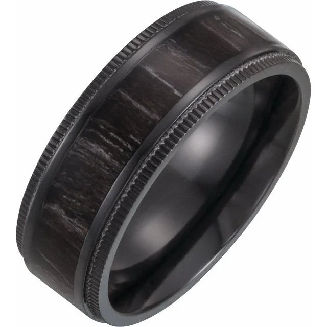 ladies ring boho rose quartz-Black Titanium 8 mm Coin-Edge Band with Wood Inlay