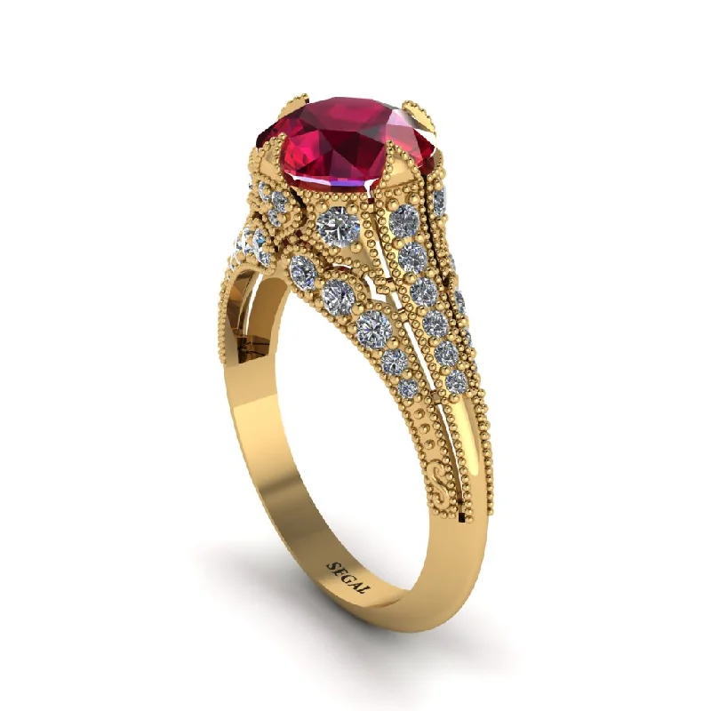 ladies engagement ring delicate multi-stone-Ruby Vintage Crown Engagement Ring - Talia No. 10