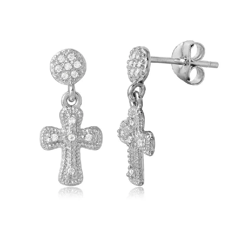 ladies earrings mother’s short-Silver 925 High Polished Hanging Cross CZ Earrings - BGE00486SP