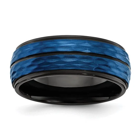 ladies ring ornate moonstone-Stainless Steel Brushed and Polished Black/Blue IP-plated 8mm Band