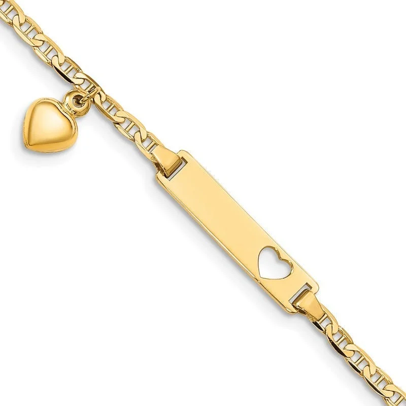 Ladies bracelets elegant gold designs-14K Cut-out Heart w/Dangling Heart Children's Anchor Link ID Bracelet