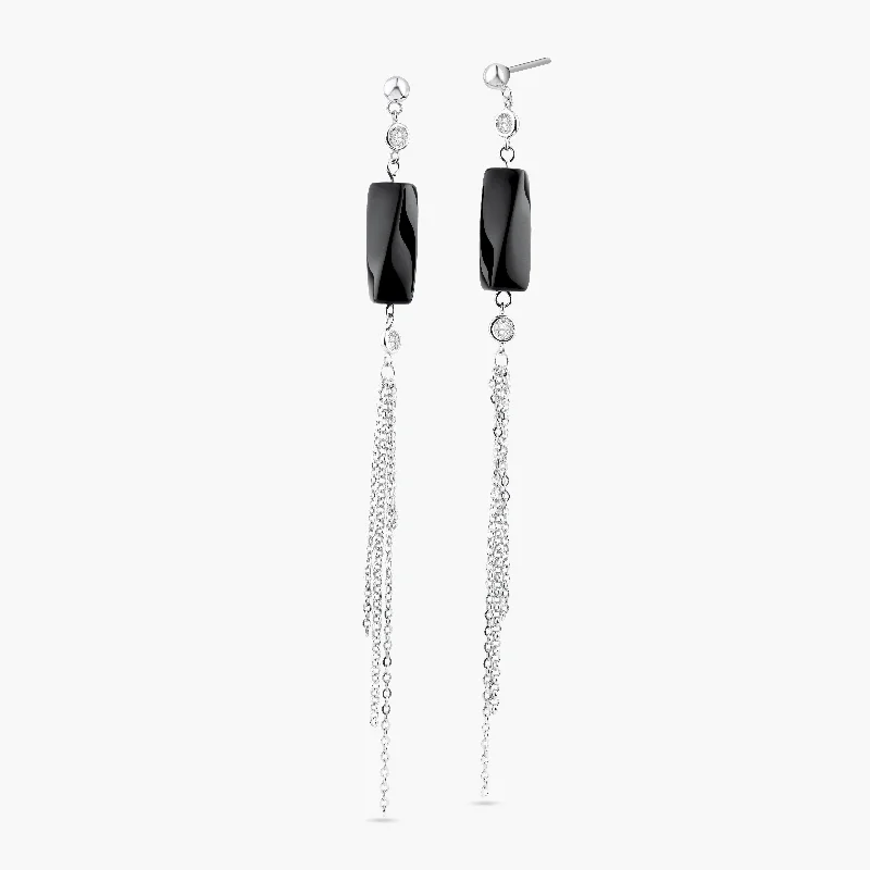 ladies earrings vintage onyx-Clearance-Silver 925 Rhodium Plated Round Black Wavy Rectangle CZ Multi Strand Dangling Stud Earrings - STE00283