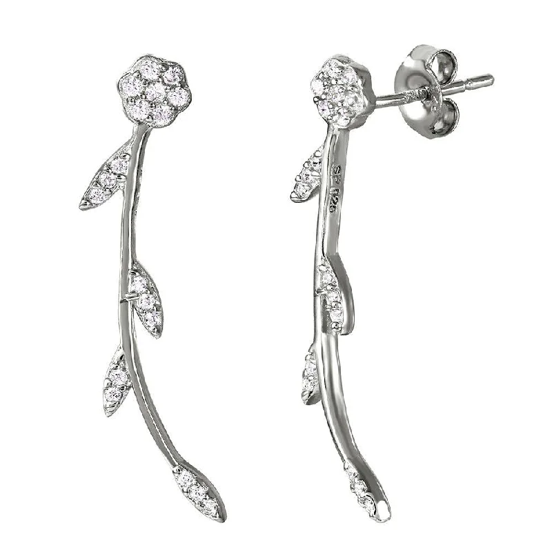 ladies earrings personalized cuff-Silver 925 Rhodium Plated Long Stem Flower Earrings with CZ - STE01032