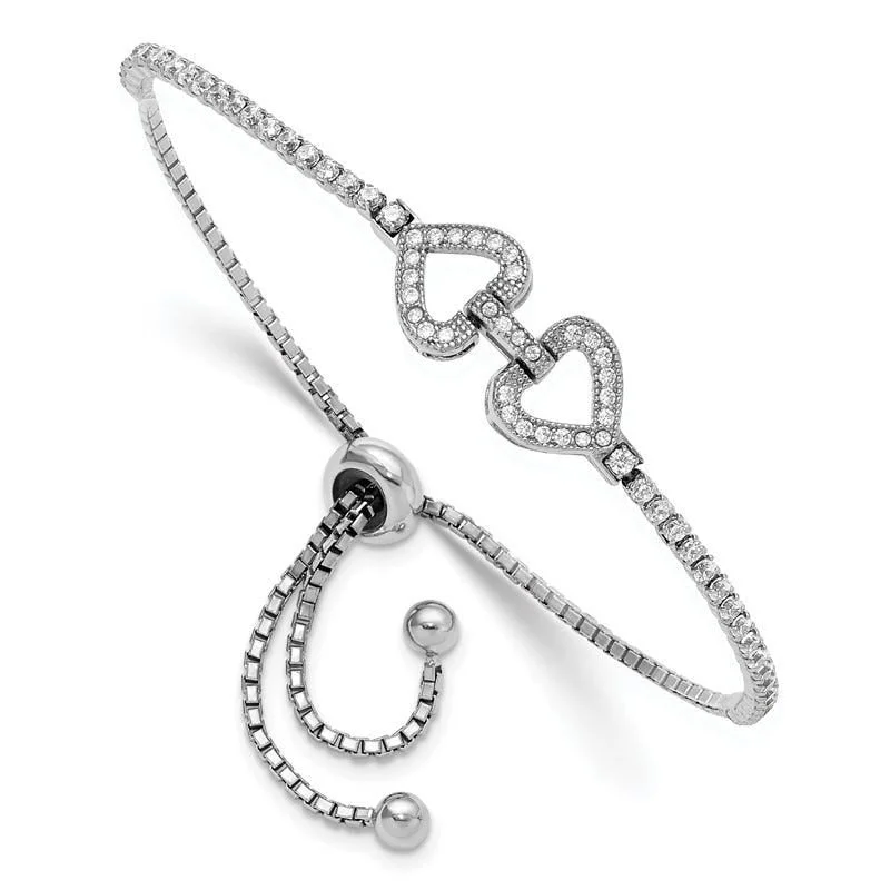 Ladies bracelets oversized bold bracelets-Sterling Silver Rhodium-plated CZ Linked Hearts Adjustable Bracelet