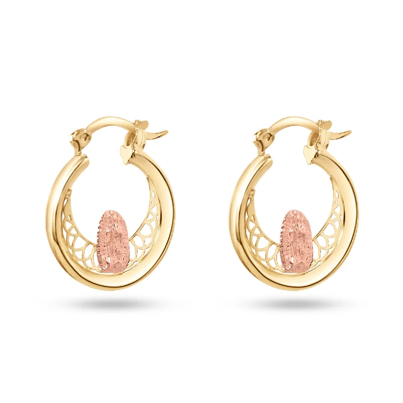 ladies earrings zodiac symmetrical-14E00417. - 14 Karat Yellow Gold 2 Tone 18mm Our Lady of Guadalupe Clear CZ Hoop Earrings