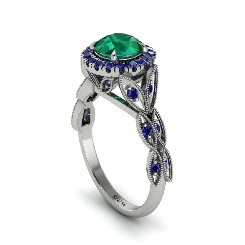 ladies engagement ring engraved multi-stone-Emerald Halo Nature Inspired Leaf Engagement Ring - Alessandra No. 66