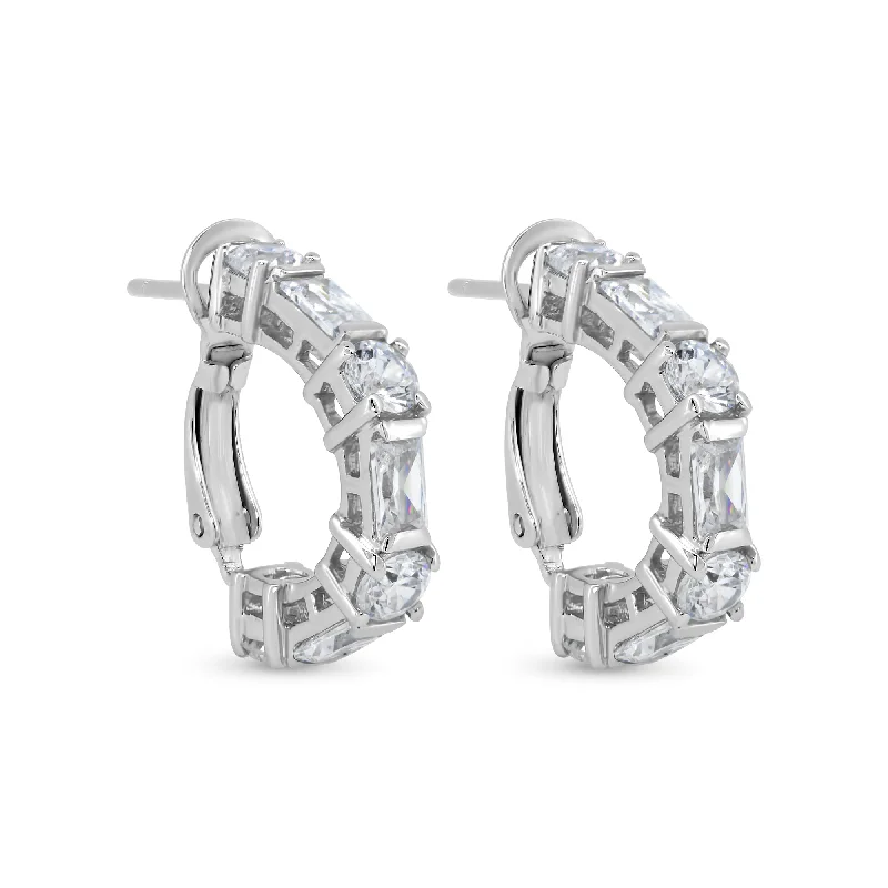 ladies earrings flower diamond-Silver 925 Rhodium Plated Blue and Clear Rectangle and Round Circle CZ Stud Earrings - STE00932