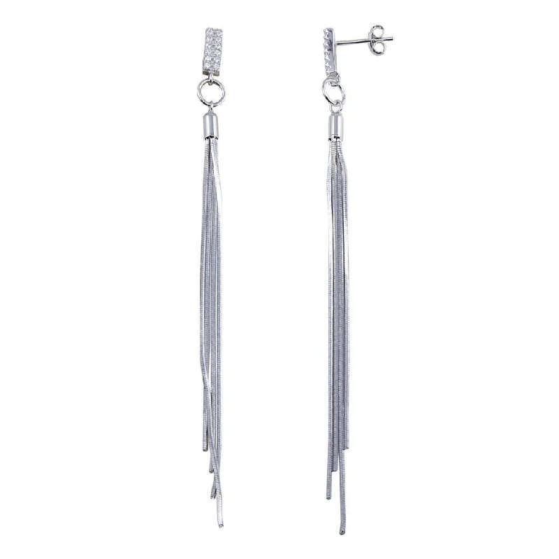 ladies earrings satin jacket-Rhodium Plated 925 Sterling Silver CZ Bar Snake SQ Dangling Earrings - BGE00626