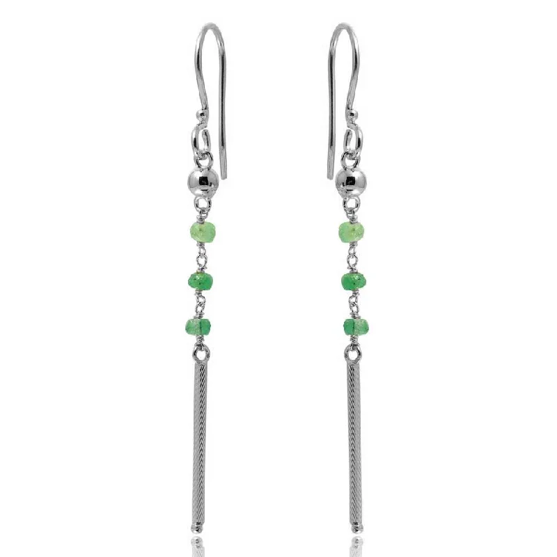 ladies earrings matte pearl-Rhodium Plated 925 Sterling Silver Dangling 3 Green Bead with Matte Rhodium Bar Earrings - DIE00009RH-EM