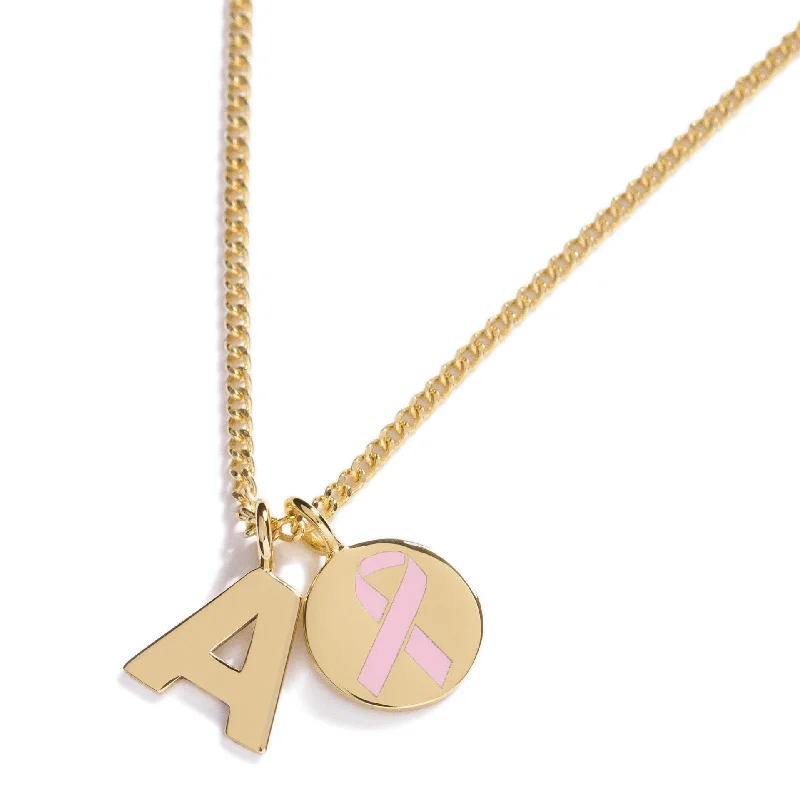 Ladies necklaces radiant shine styles-Pink Ribbon Initial Charm Necklace