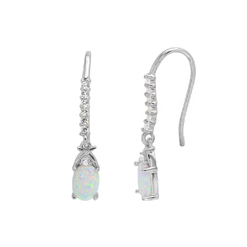 ladies earrings abstract blue sapphire-Rhodium Plated 925 Sterling Silver Dangling Oval Opal with CZ Earrings - BGE00499