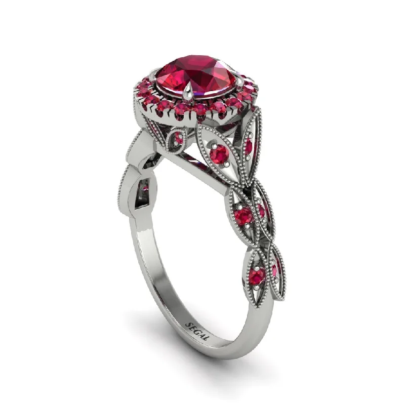 ladies engagement ring elegant pave-Ruby Halo Nature Inspired Leaf Engagement Ring - Alessandra No. 57