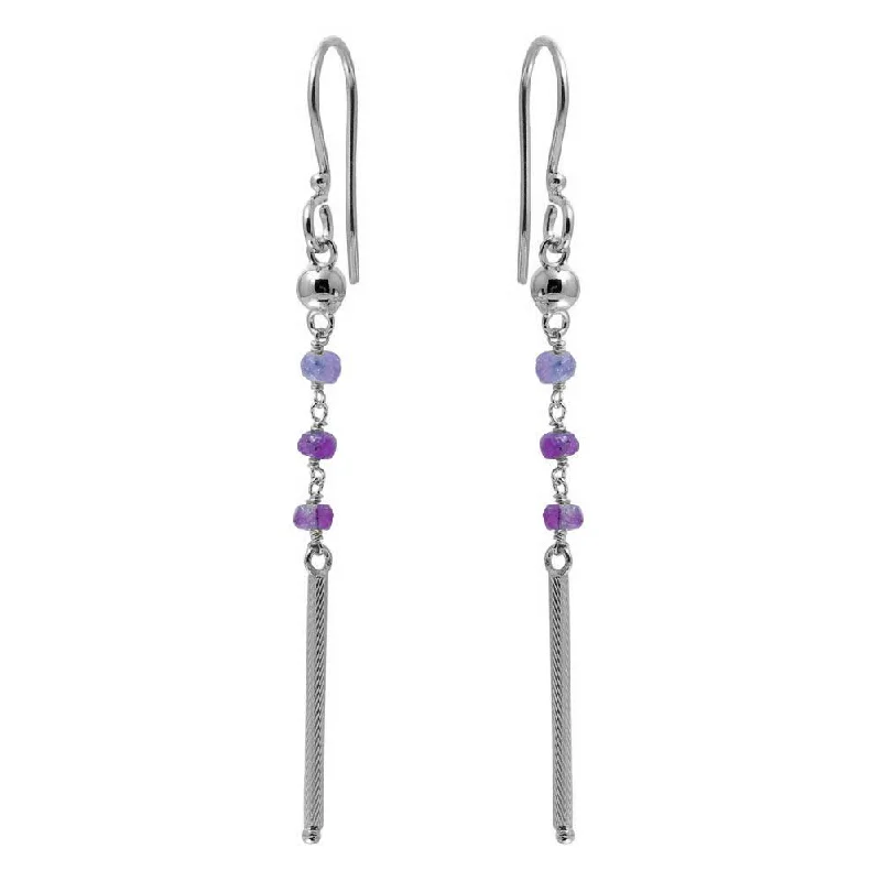 ladies earrings brushed opal-Rhodium Plated 925 Sterling Silver Dangling 3 Purple Bead with Matte Rhodium Bar Earrings - DIE00009RH-AM