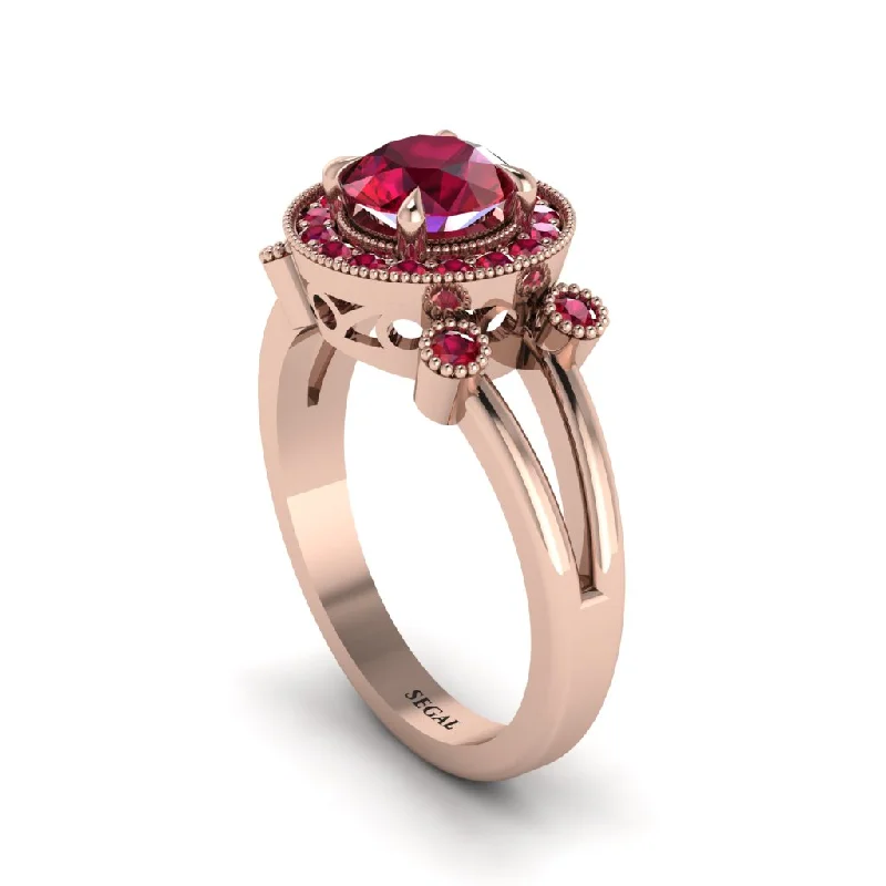 ladies engagement ring engraved three stone-Radiant Ruby Halo Gold Engagement Ring - Madilyn No. 56